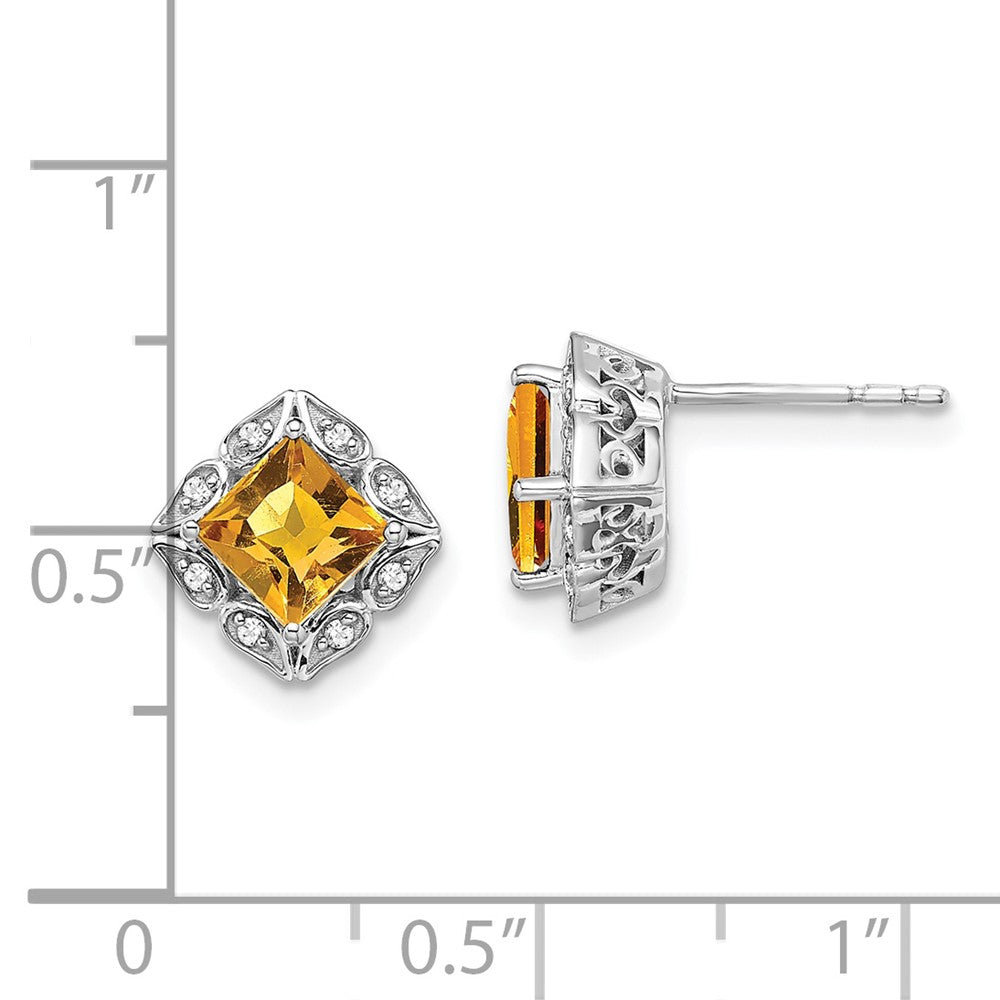 14k White Gold Square Citrine and Diamond Earrings