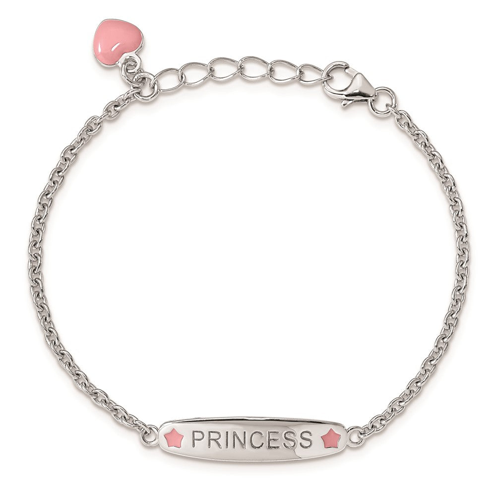 Sterling Silver Rhodium-plated Polished & Pink Enameled PRINCESS with 1 Inch Extension Children's Bracelet 7 inches