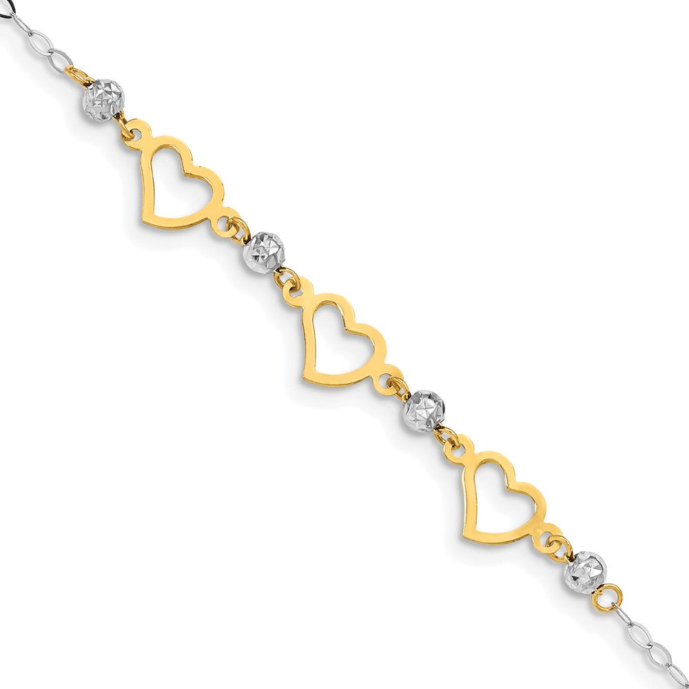 14K Two-tone Oval Link Diamond Cut Beads and Heart Bracelet 7.5 inches