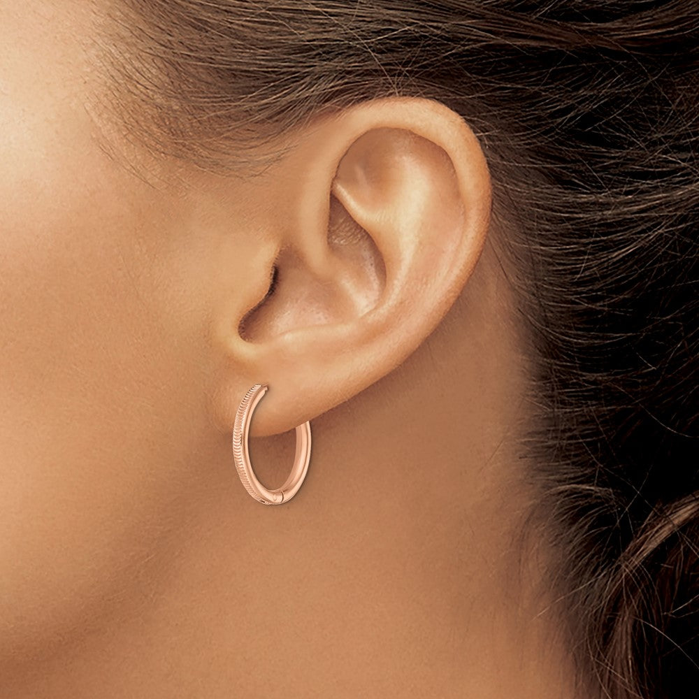 Stainless Steel Polished and Textured Rose IP 2.5mm Hinged Hoop Earrings