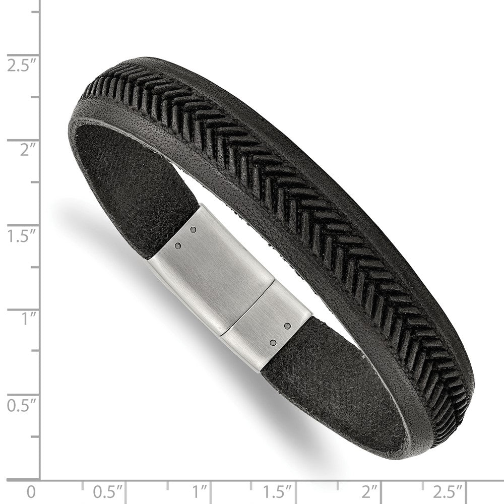 Stainless Steel Polished Black Italian Leather 8.75in Bracelet 8.75 inches