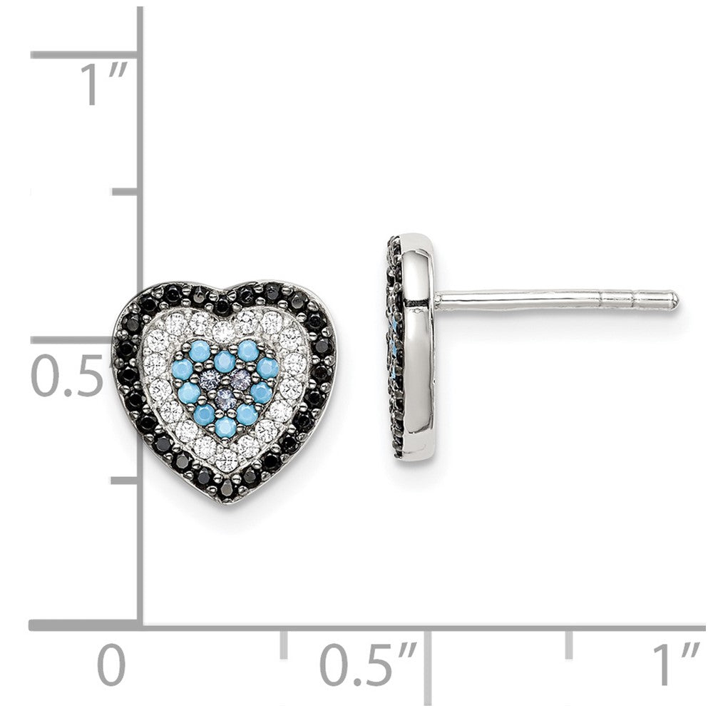 Sterling Silver Black, White & Blue CZ Heart Post Earrings