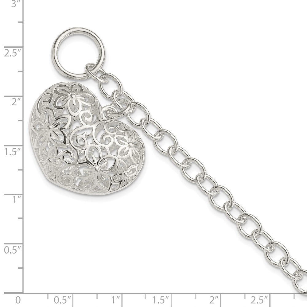 Sterling Silver Puffed Filigree Heart Toggle Bracelet 7.75 inches