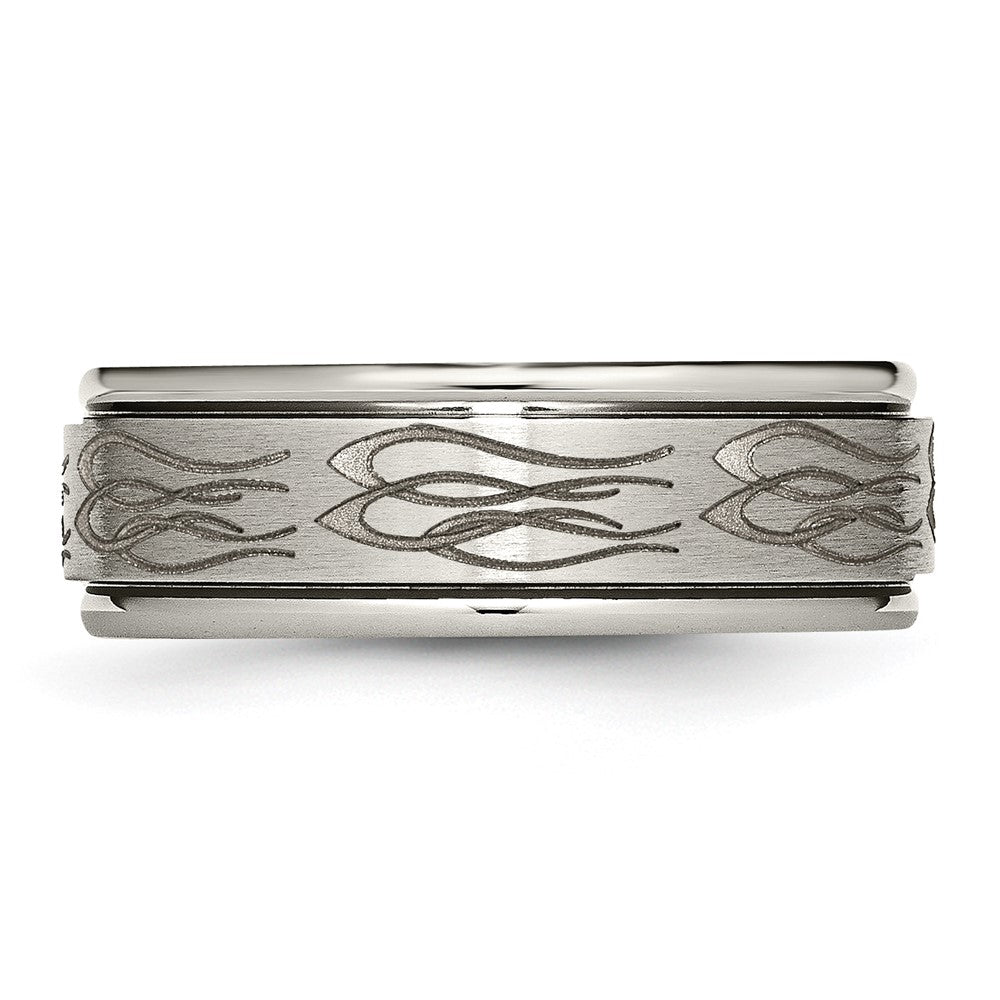 Titanium Brushed & Polished Flame Laser Design 8mm Ridged Edge Band Size - 8.5