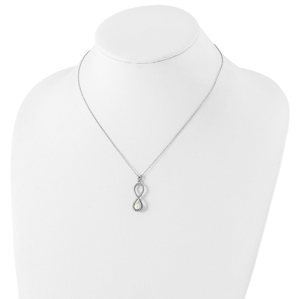 Sterling Silver Rhodium-plated 5-6mm White Round Freshwater Cultured Pearl and CZ Infinity 17 inch Necklace 17 Inches