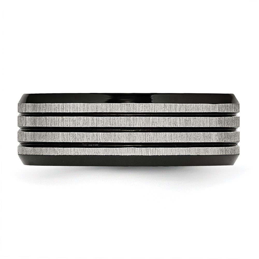 Stainless Steel Brushed/Polished Black IP-plated Striped 8mm Band Size - 9