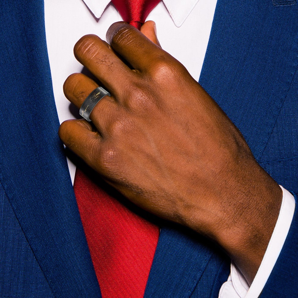 Chisel Stainless Steel Polished Black IP-plated Black and Gold Foil Inlay 8mm Band Size - 11