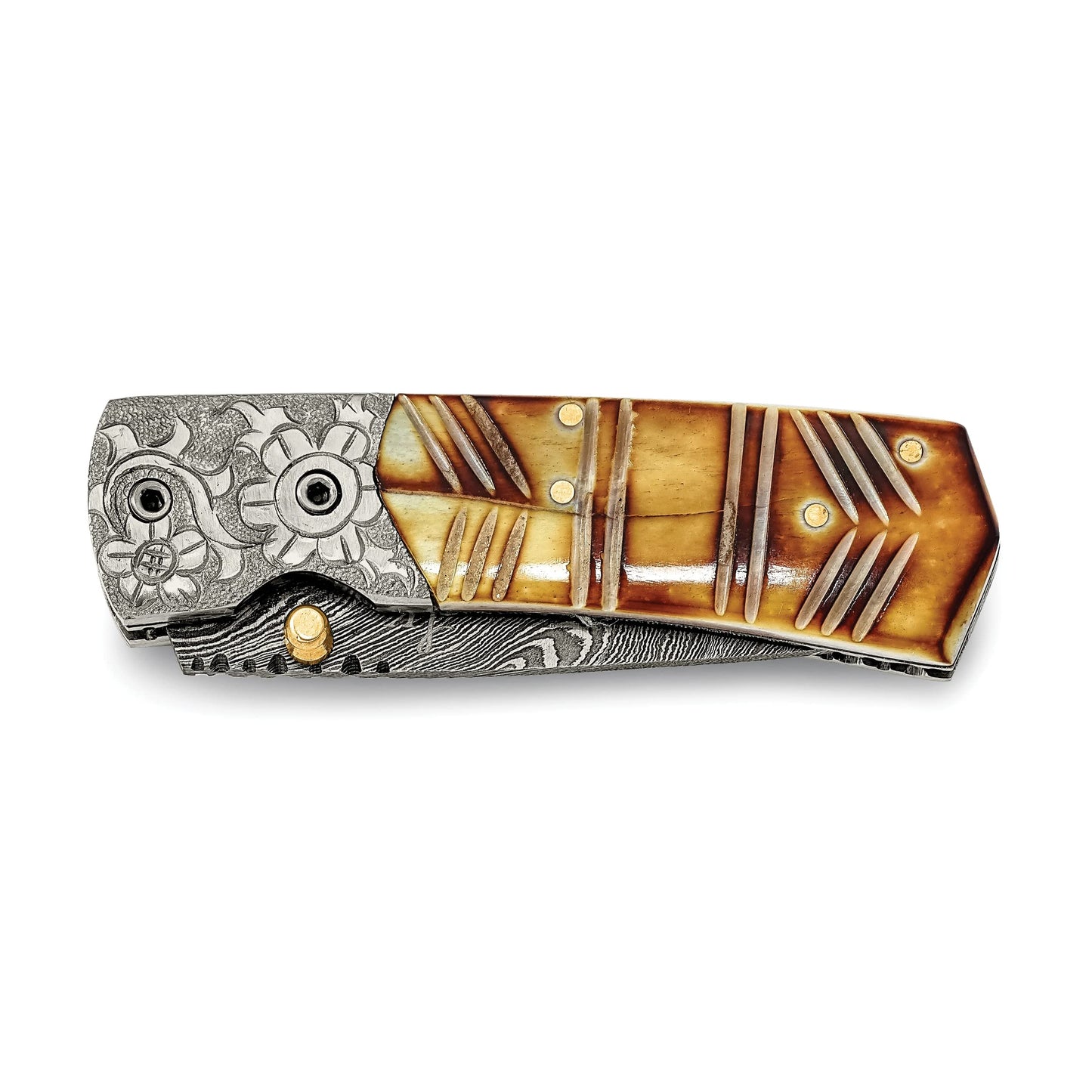 Luxury Giftware Damascus Steel 256 Layer Folding Dyed and Carved Camel Bone Handle Knife with Leather Sheath and Wooden Gift Box QKN3221