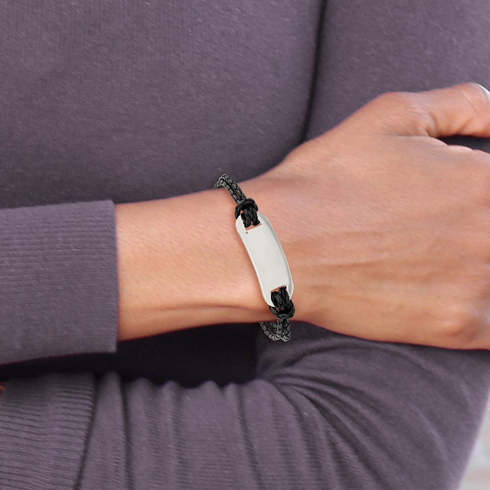 Stainless Steel Polished Black Woven Leather 8.25in Bracelet 8.25 inches