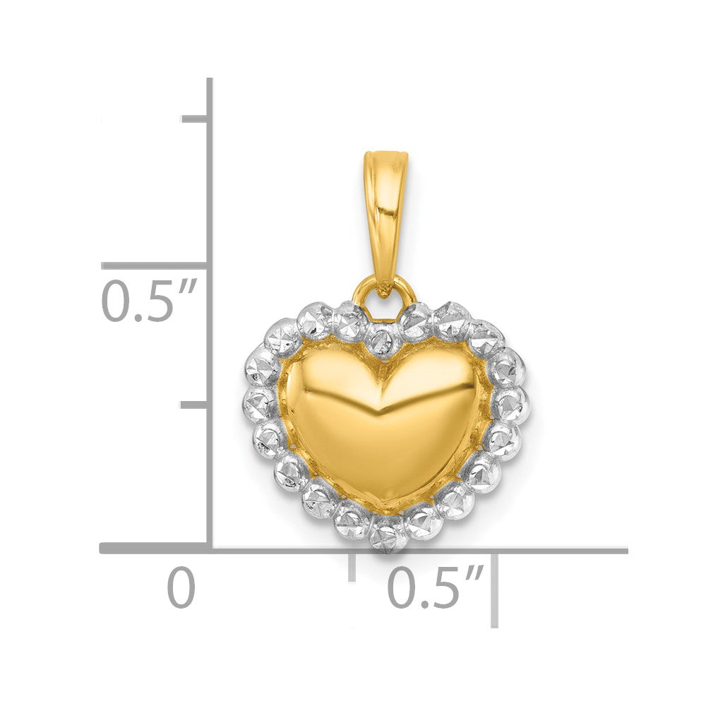 14k with White Rhodium Polished Domed Heart Charm Pendant