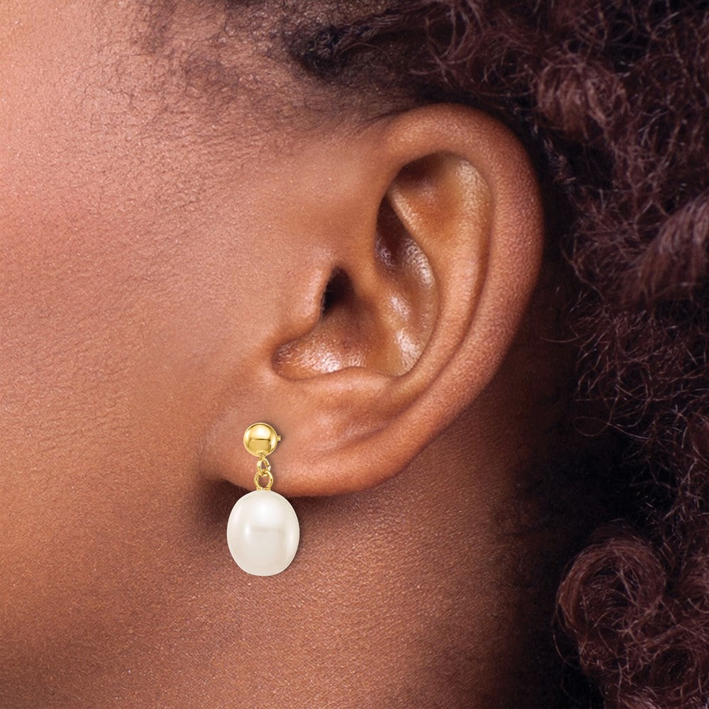 10k 8-9mm White Rice Freshwater Cultured Pearl Dangle Post Earrings