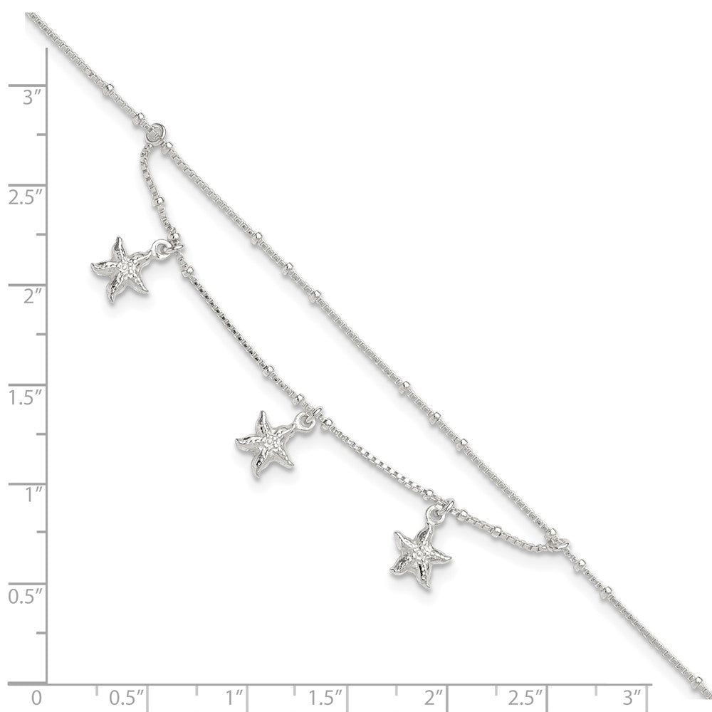 Sterling Silver Polished 2-Strand Starfish 9in Plus 1in Ext Anklet 9 inches