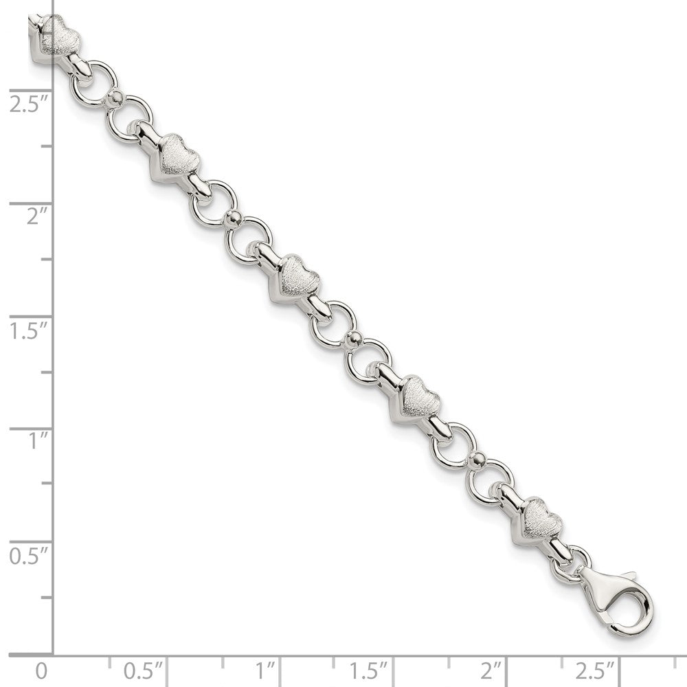 Sterling Silver Polished and Brushed Hearts and Circles Bracelet 7.5 inches