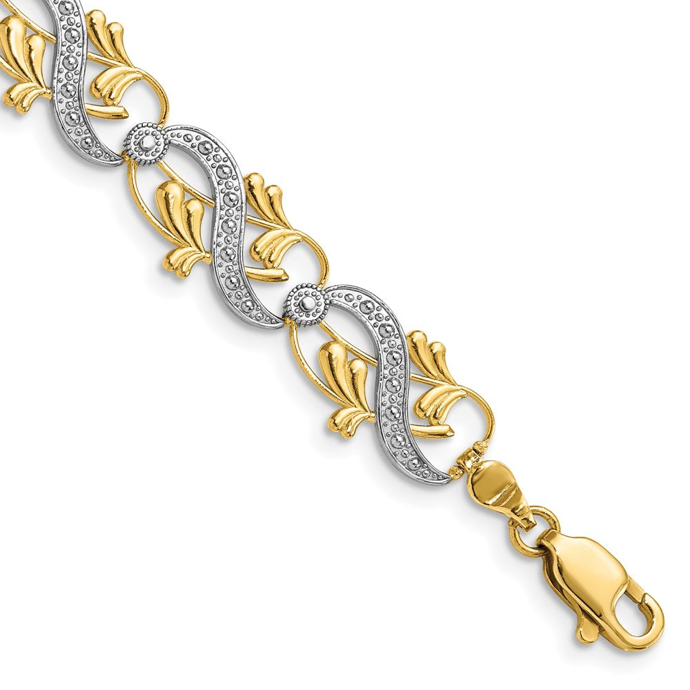 14K and White Rhodium Diamond-Cut Fancy Link Bracelet 7.5 inches