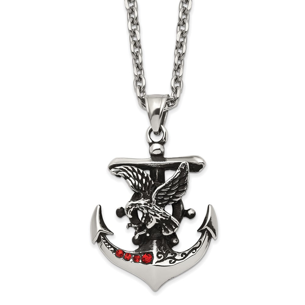 Stainless Steel Polished & Antiqued Red Crystal Anchor & Eagle Necklace