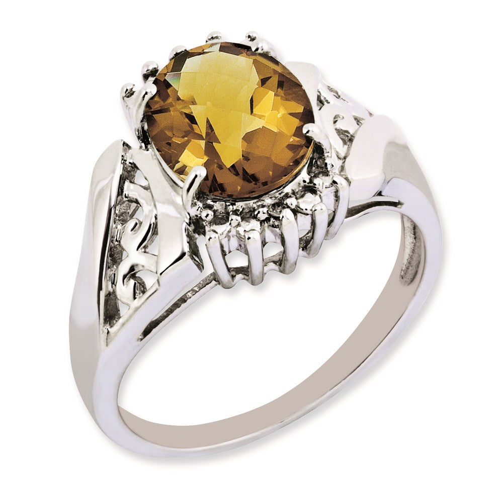 Sterling Silver RH-plated Checker-Cut Whiskey Quartz & Oval Diamond Ring