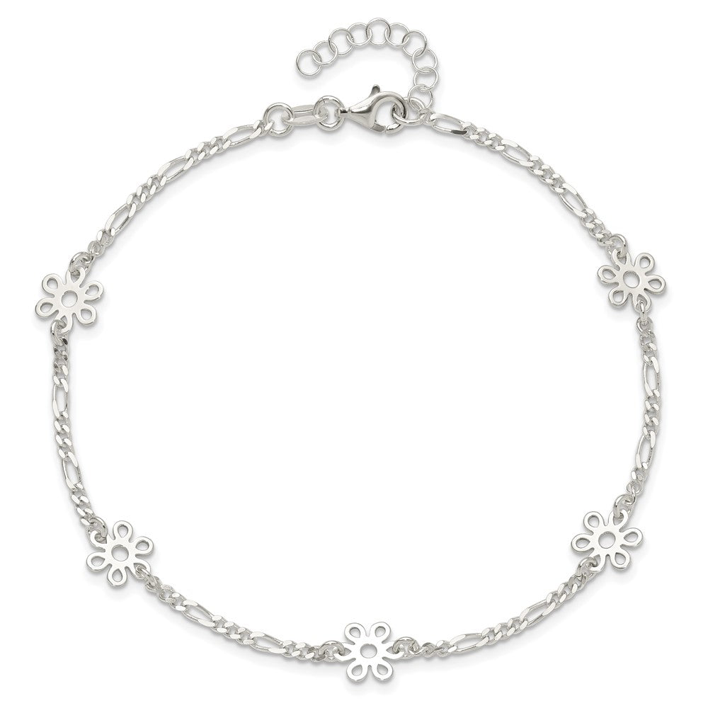 Sterling Silver Polished Flower 9in Plus 1in Ext. Anklet 9 inches