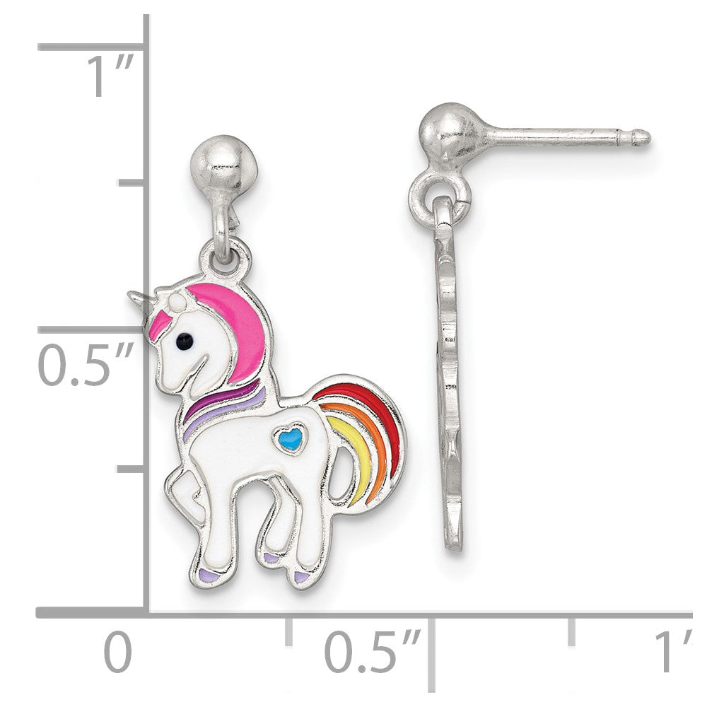 Sterling Silver Polished White and Rainbow Enameled Unicorn Childrens Post Dangle Earrings