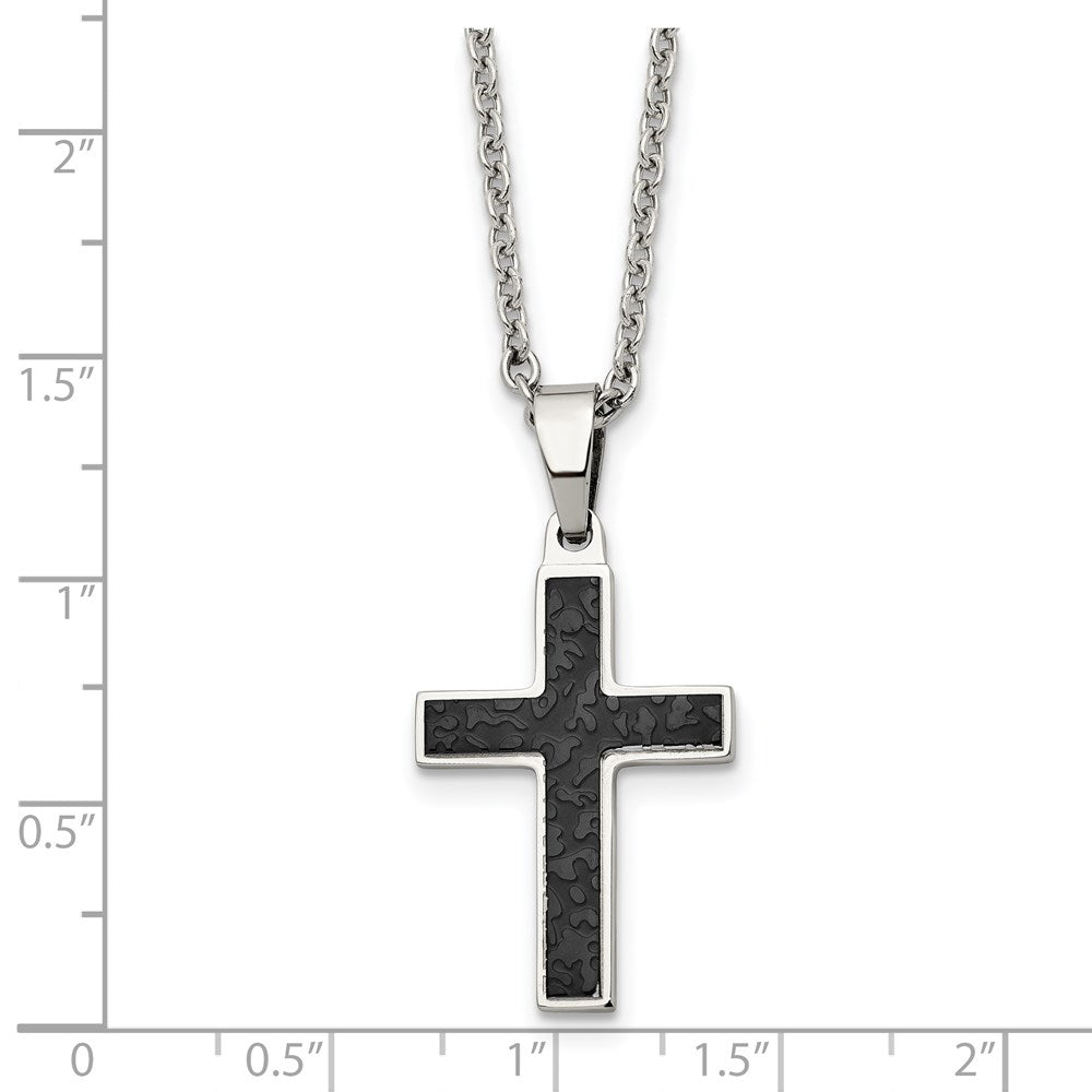 Stainless Steel Polished and Textured Black IP-plated Cross 24in Necklace