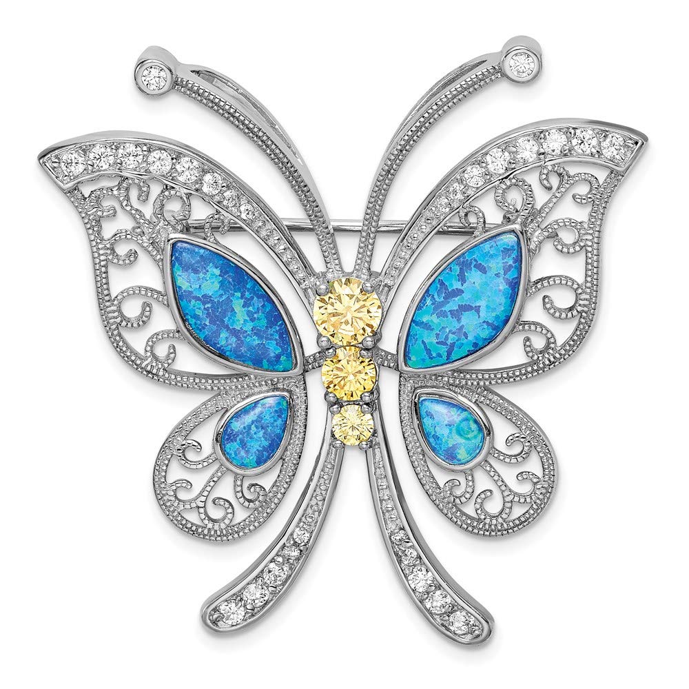 Sterling Silver Created Opal with Yellow and Clear CZ Butterfly Pin
