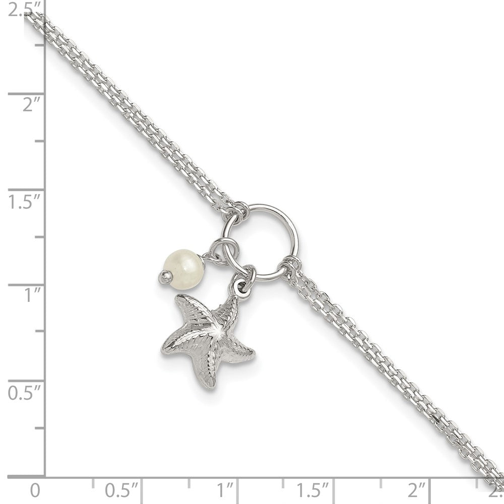 Sterling Silver Polished Freshwater Cultured Pearl with 3D Starfish Double Strand 9 inch with 1 inch Extension Anklet