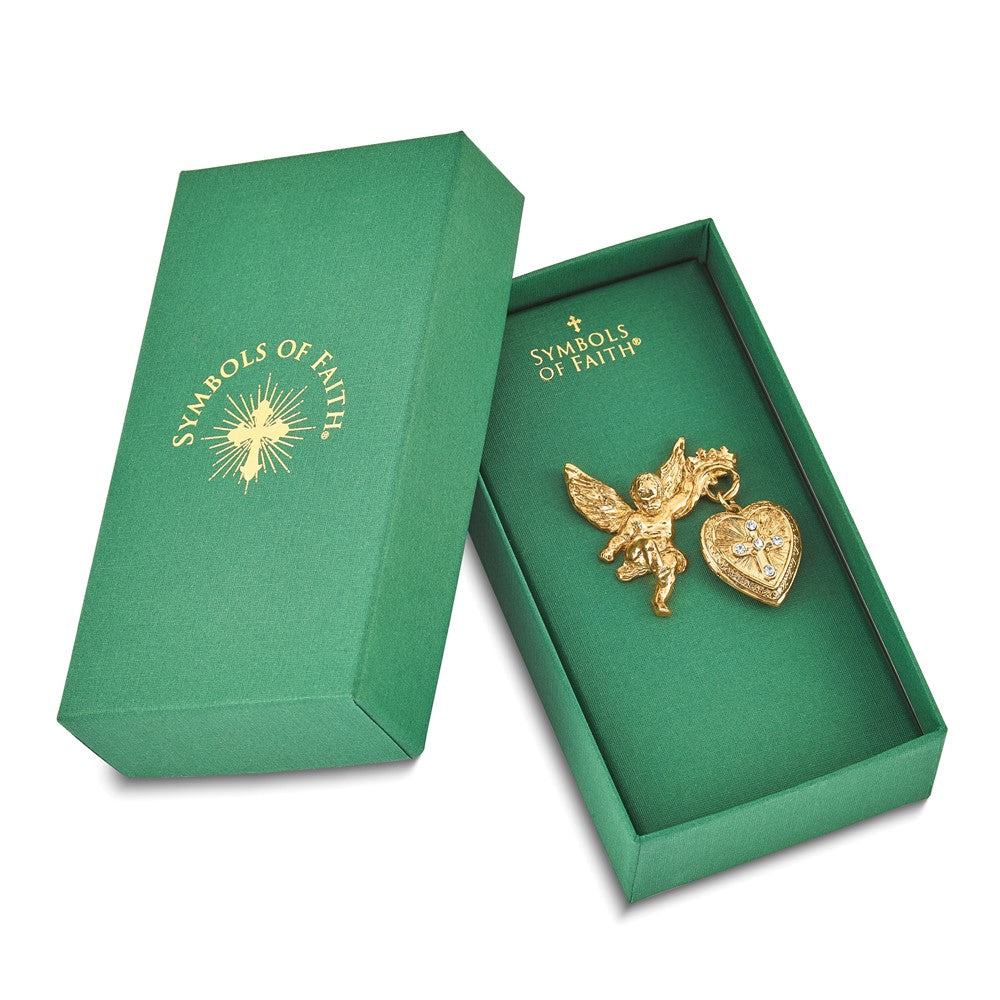Symbols of Faith Gold-tone Angel Holding 20mm Dangle Heart Clear Crystal Cross Locket Pin Brooch Holds 2 Photos