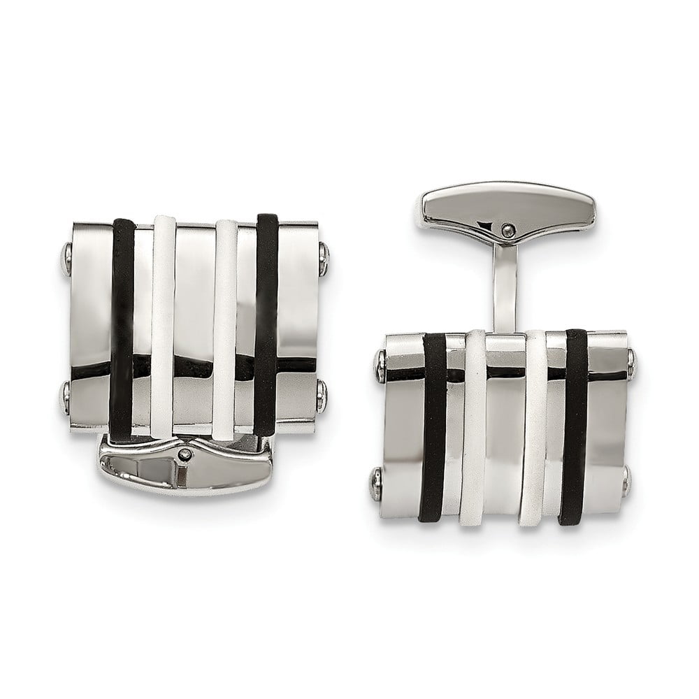 Stainless Steel Polished Black/White Rubber Bands Rectangle Cuff Links