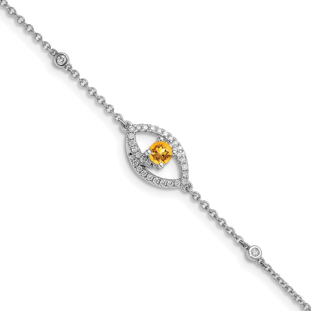 14k White Gold Polished Diamond and Citrine w/.5in Ext Bracelet 7.5 inches