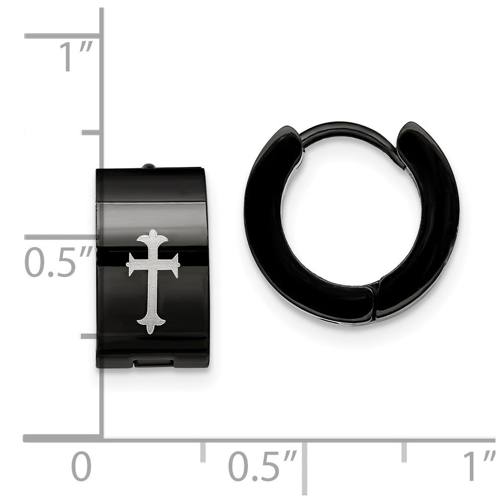Stainless Steel Black IP-plated 7mm Hinged Hoop w/Cross Earrings