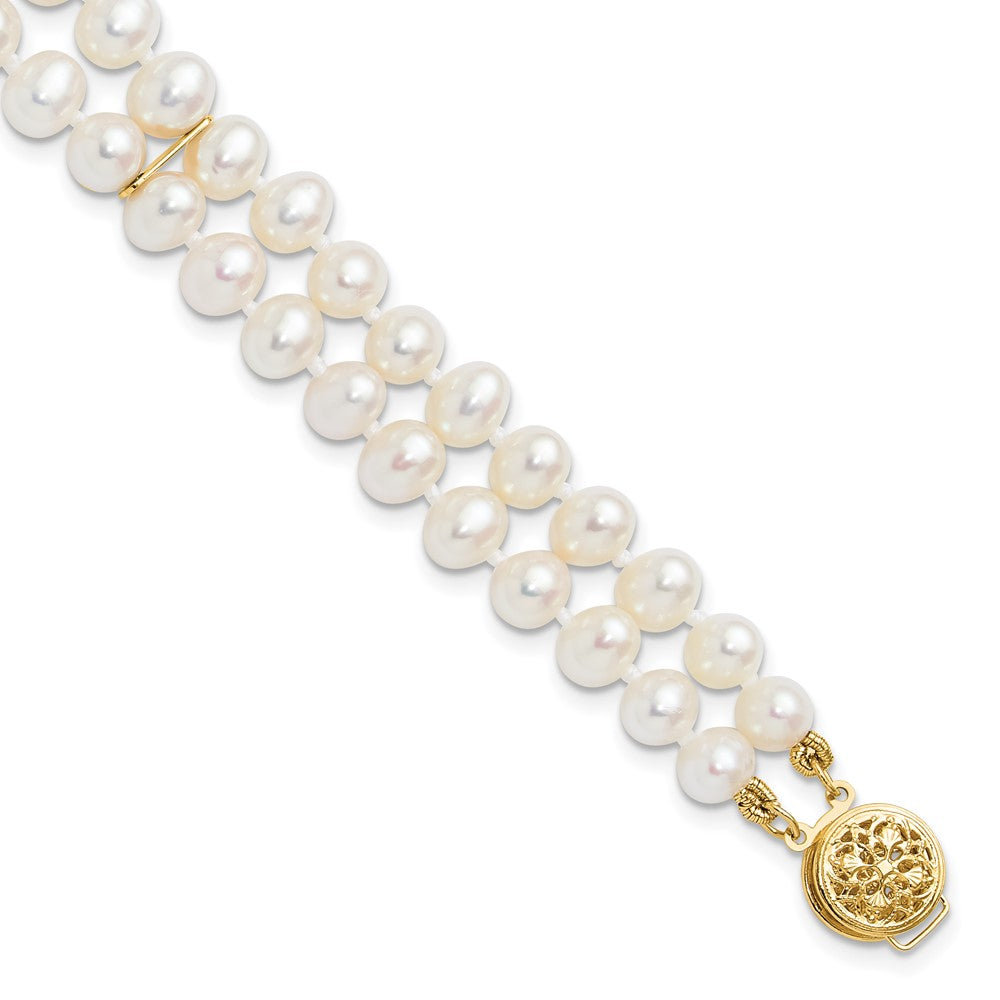 14k 5-6mm White Near-Round Freshwater Cultured Pearl 2-Strand 7.5 inch Bracelet 7.5 inches