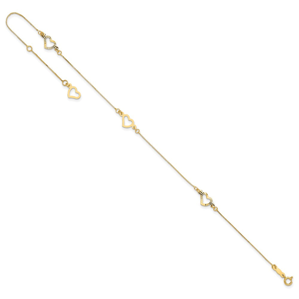 14K Adjustable Fancy Heart 9in Plus 1in Ext. Anklet