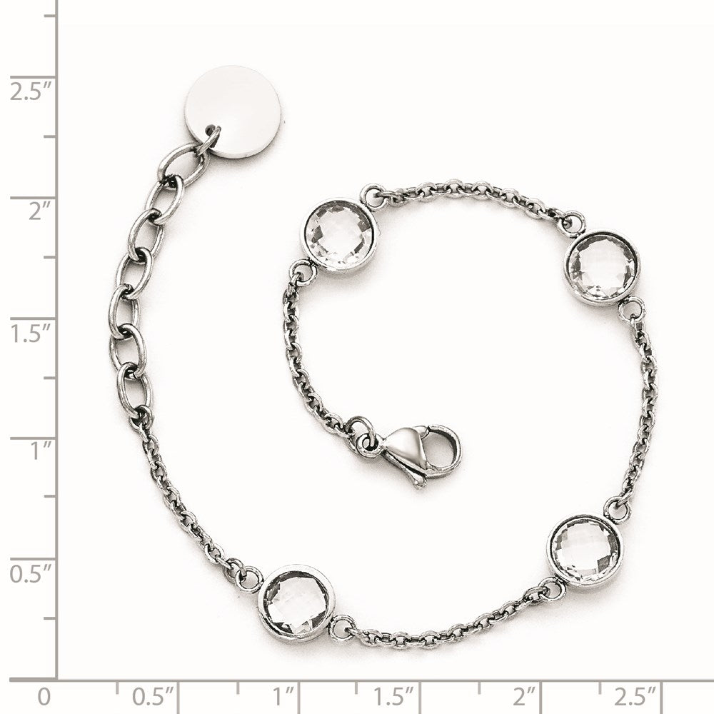 Stainless Steel Polished with Glass 6.5in w/1.25in ext. Bracelet 6.5 inches