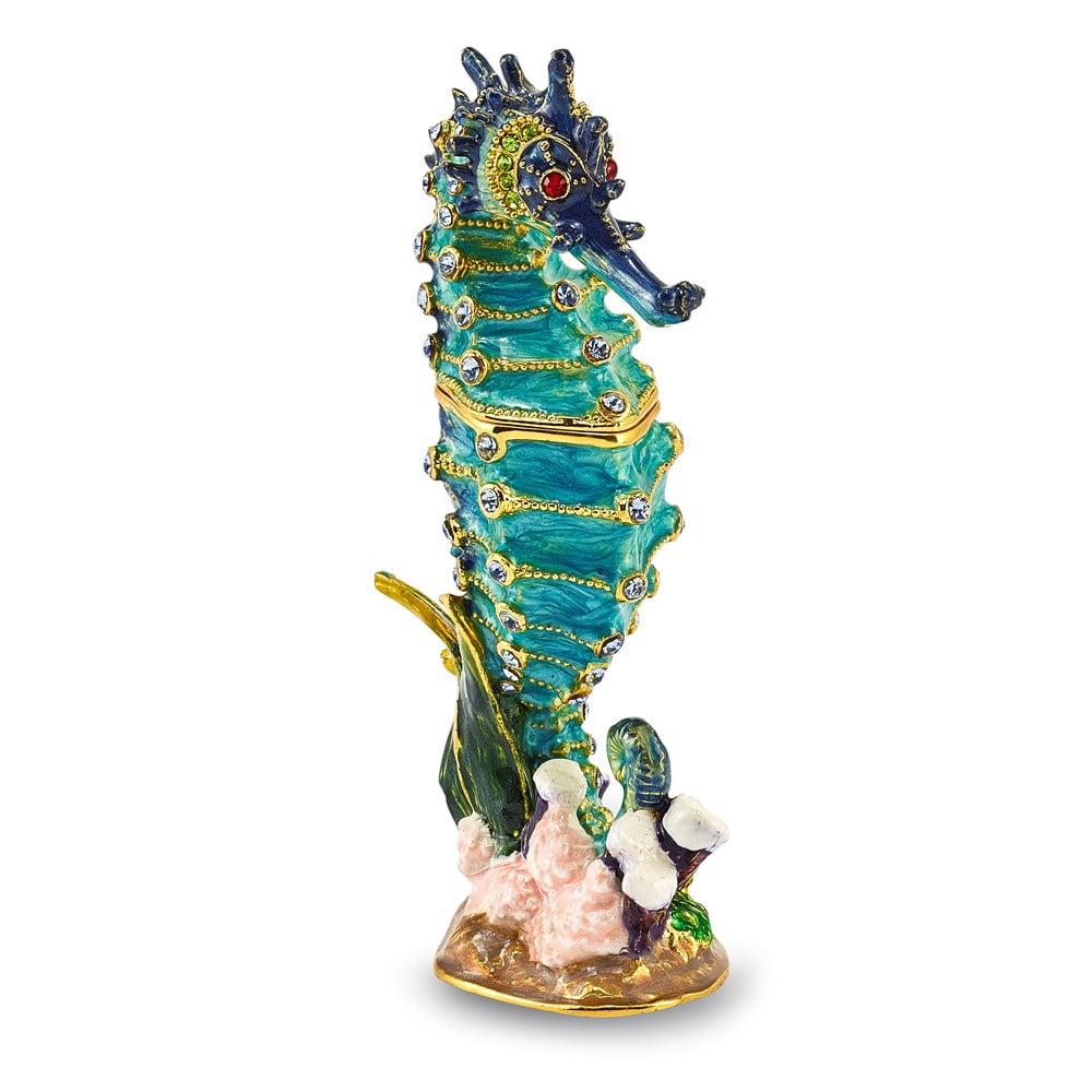 Luxury Giftware Pewter Bejeweled Crystals Gold-tone Enameled SIMON Seahorse Trinket Box with Matching 18 Inch Necklace Q-BJ4009