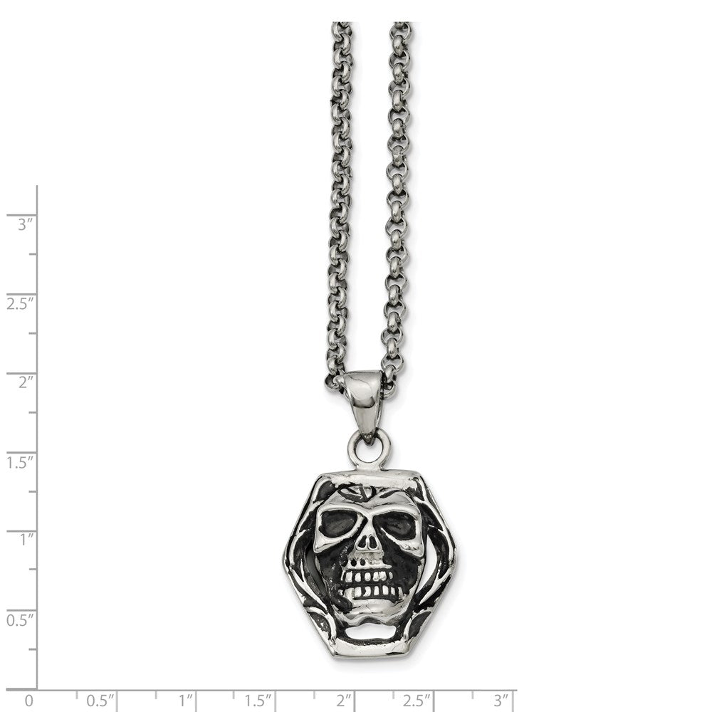 Stainless Steel Antiqued and Polished Skull 24in Necklace
