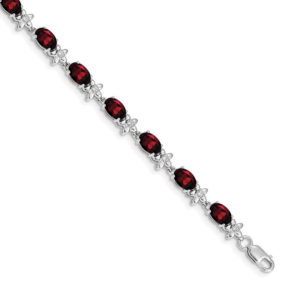 14k White Gold Floral Diamond and Garnet Bracelet 7 inches