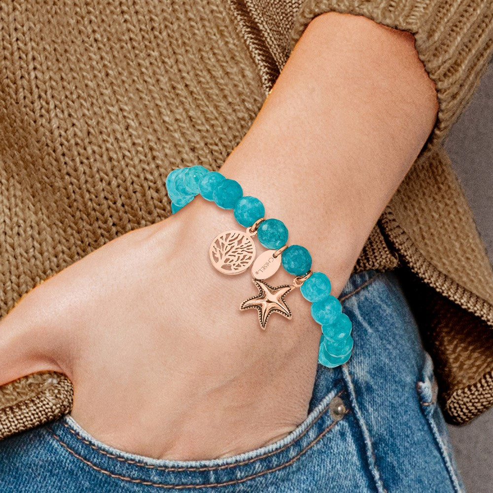 Stainless Steel Antiqued & Polished Rose IP Starfish Aqua Dyed Jade Bracele 6 inches