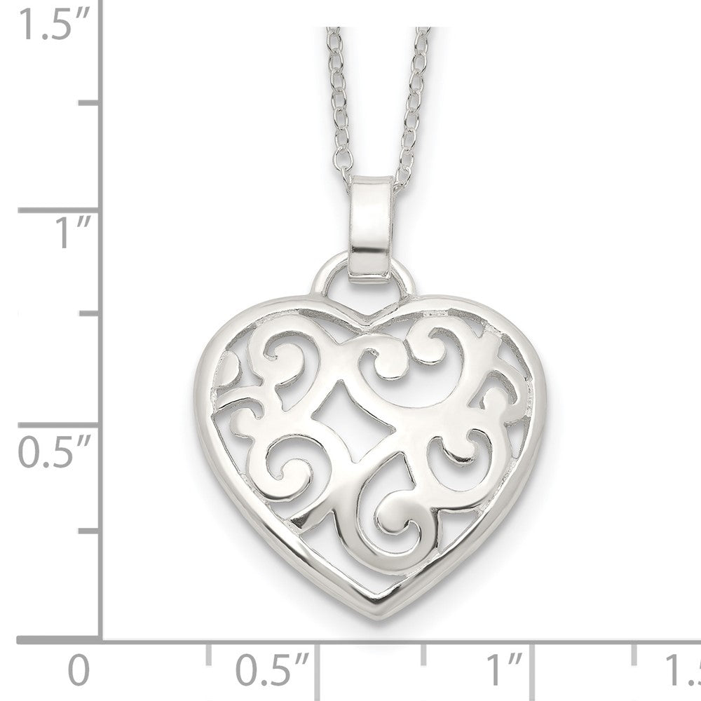 Sterling Silver Filigree Swirl Heart Necklace 18 Inches