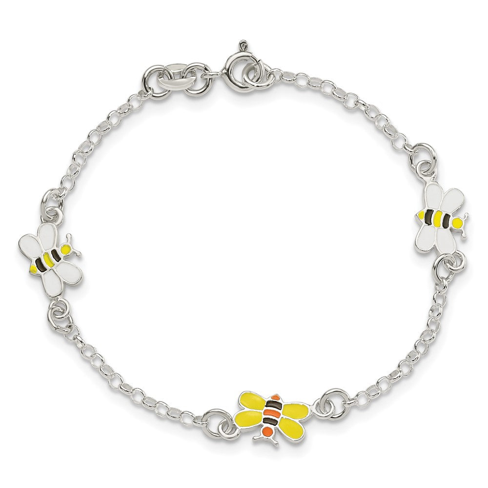 Sterling Silver Polished & Enameled Bees Children's Bracelet 6 inches