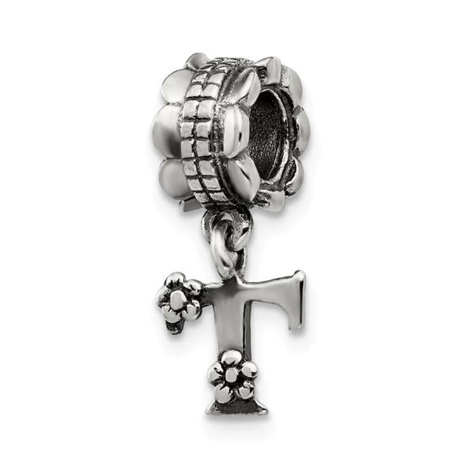 925 Sterling Silver Polished Artisan Oxidized Reflections Letter Name Personalized Monogram Initial T Dangle Bead Charm