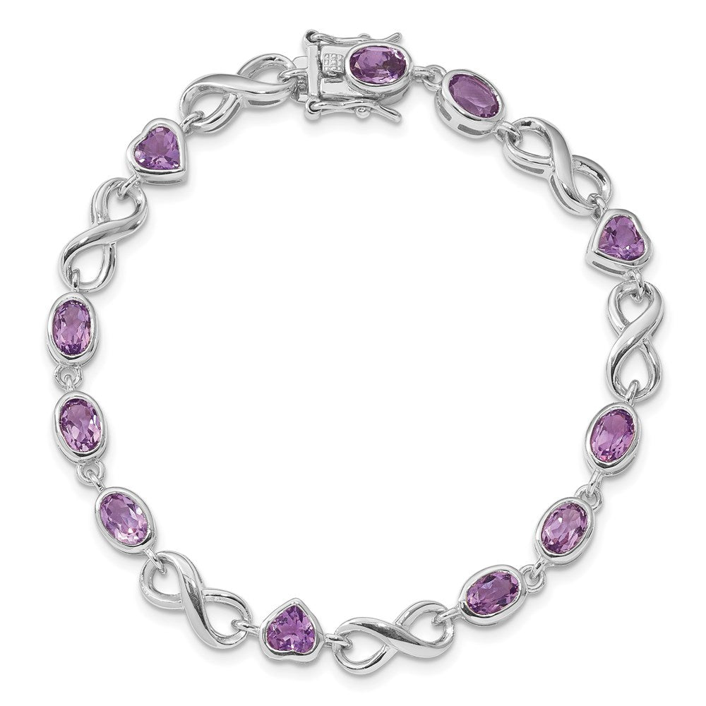 Sterling Silver Rhodium-plated Oval Heart Amethyst Bracelet 7 inches