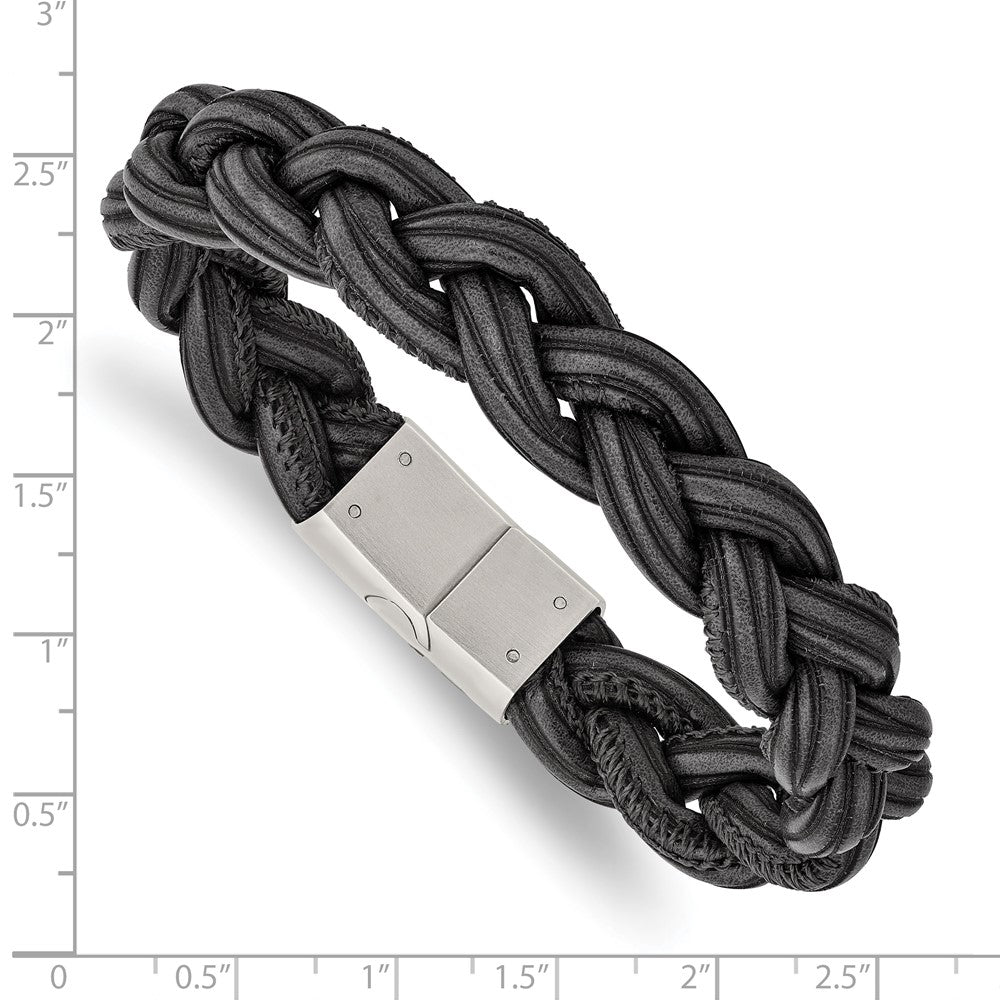 Stainless Steel Brushed Black and Grey Braided Leather 8.25in Bracelet 8.25 inches