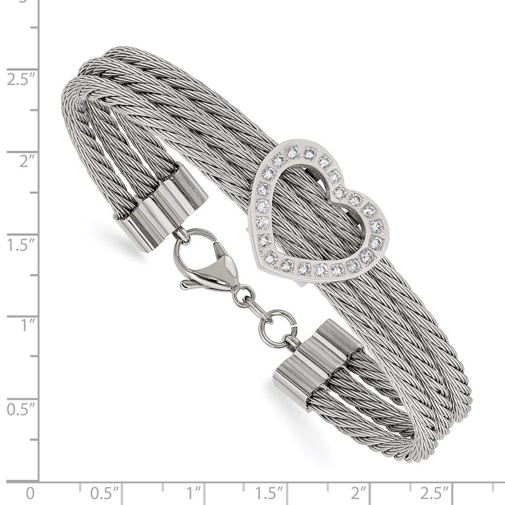 Stainless Steel Polished Heart w/CZ 7.5in Bracelet 7.25 inches