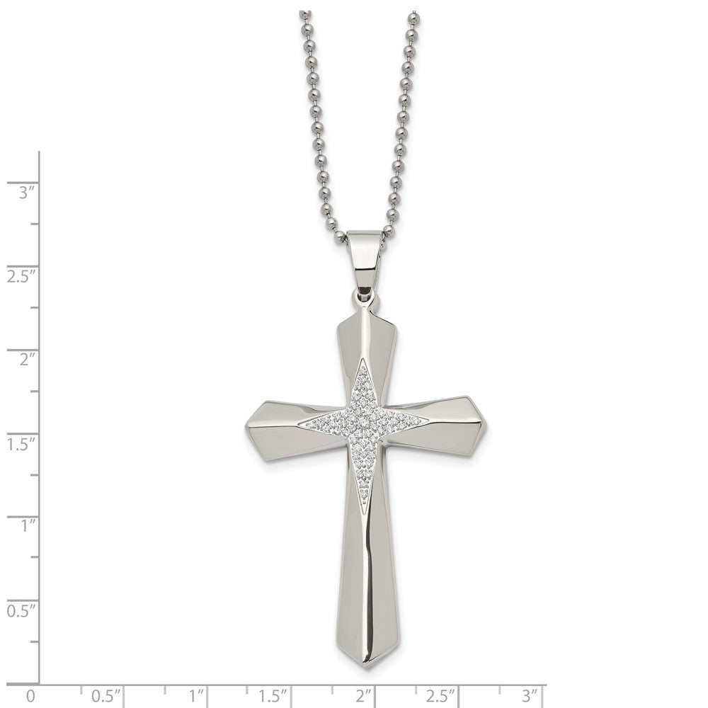 Stainless Steel Polished w/CZ Cross 24.5in Necklace