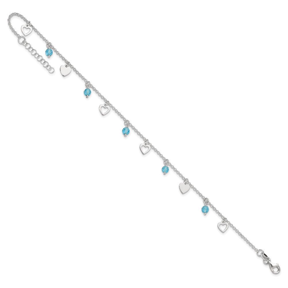 Sterling Silver 9 inch Heart and Blue Glass Plus1in ext. Anklet 9 inches