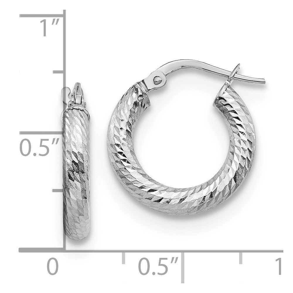 14K 3x10 with White Rhodium Plating D/C Round Hoop Earrings