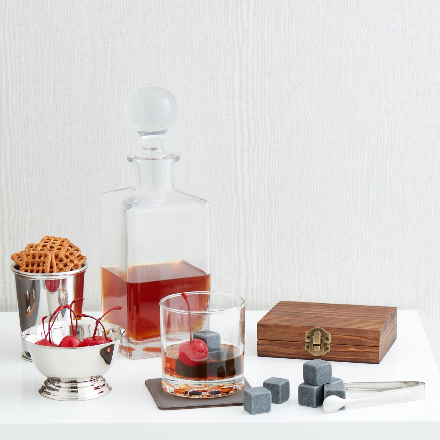 Creative Gifts 069407 Wood Box with Tongs, 9 Whiskey Stones & Pouch