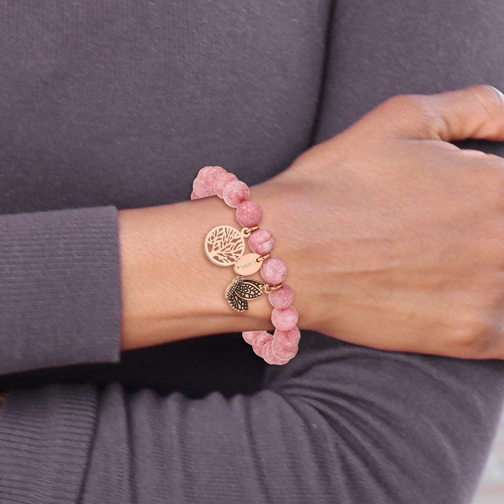 Stainless Steel Antique and Polish Rose IP Pink Dyed Jade Stretch Bracelet 6 inches