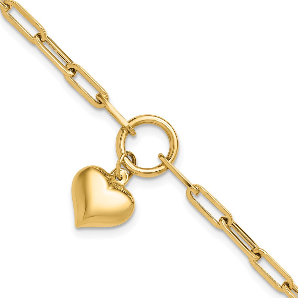 14K Polished Puff Heart Paper Clip Link Bracelet 7.5 inches