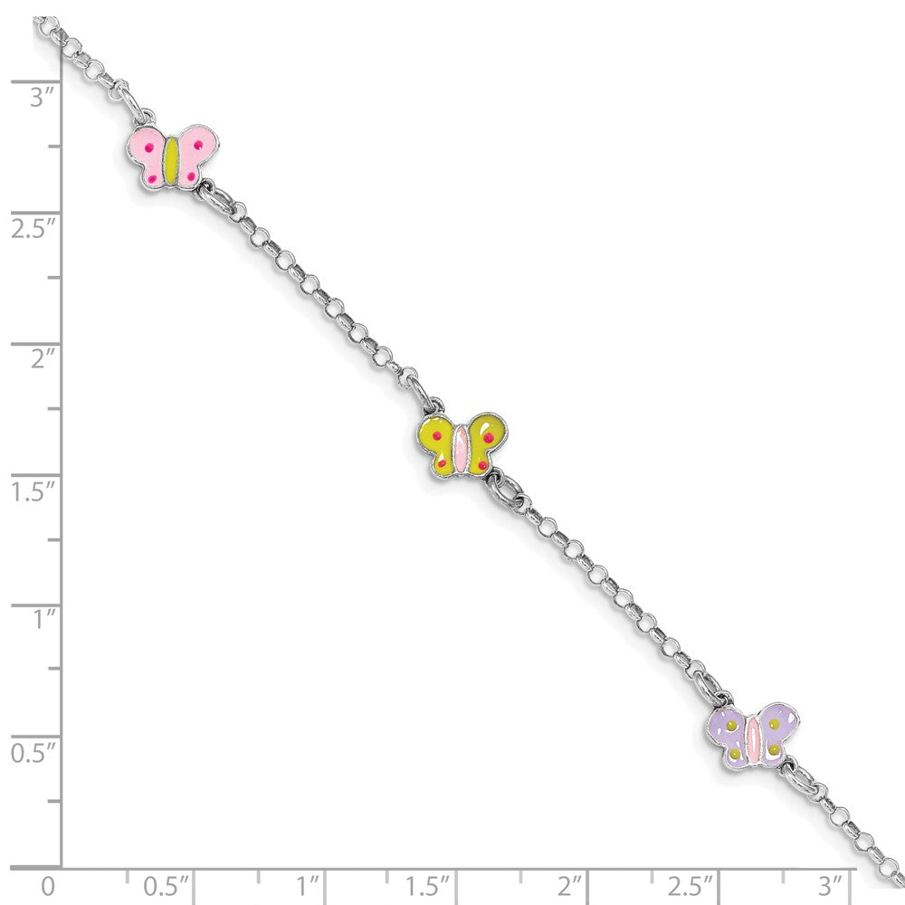 Sterling Silver Rhodium-plated Polished Multi-color Enameled Butterflies Children's Bracelet 7 inches