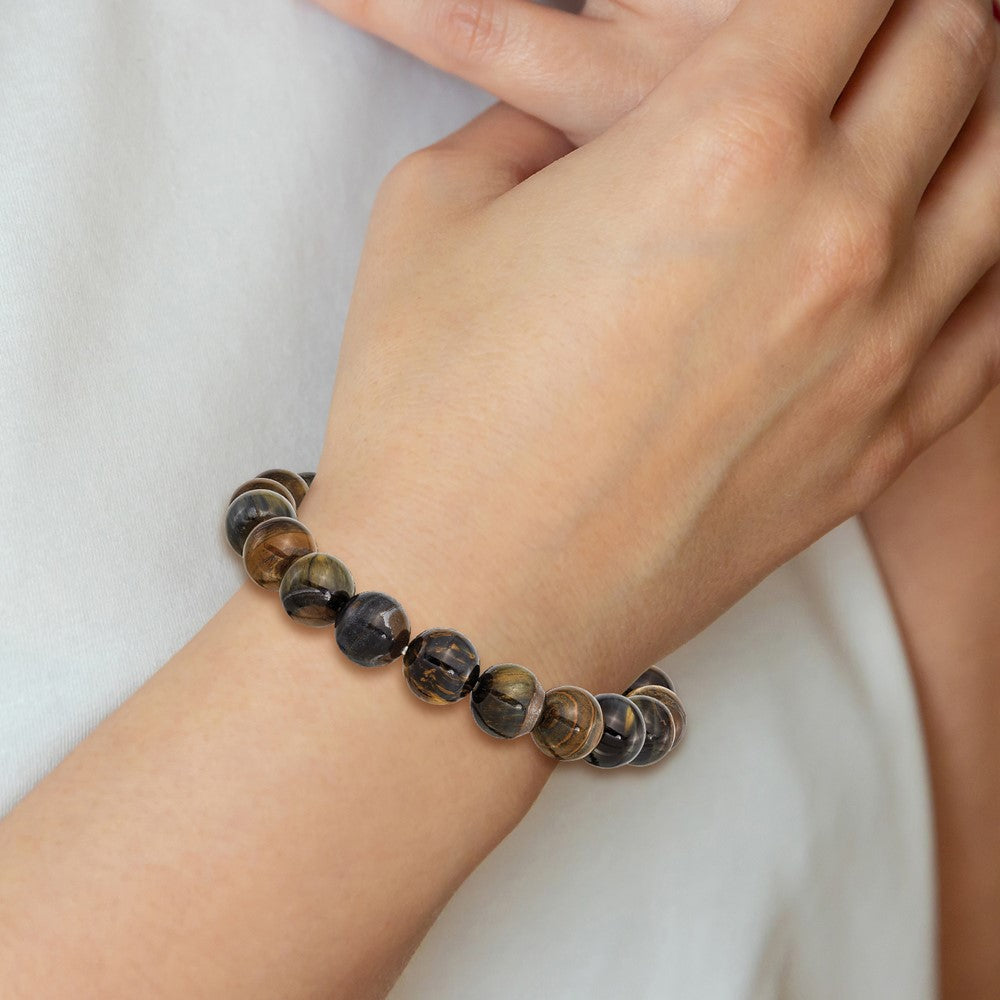 Blue and Yellow Tiger's Eye Agate Beaded Stretch Bracelet 6.75 inches